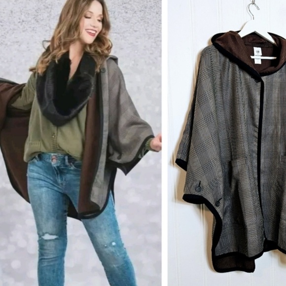 Cabi Topper # 4227 Womens M/L Baskerville Brown Plaid Reversible Cape Coat Hood - Picture 1 of 13